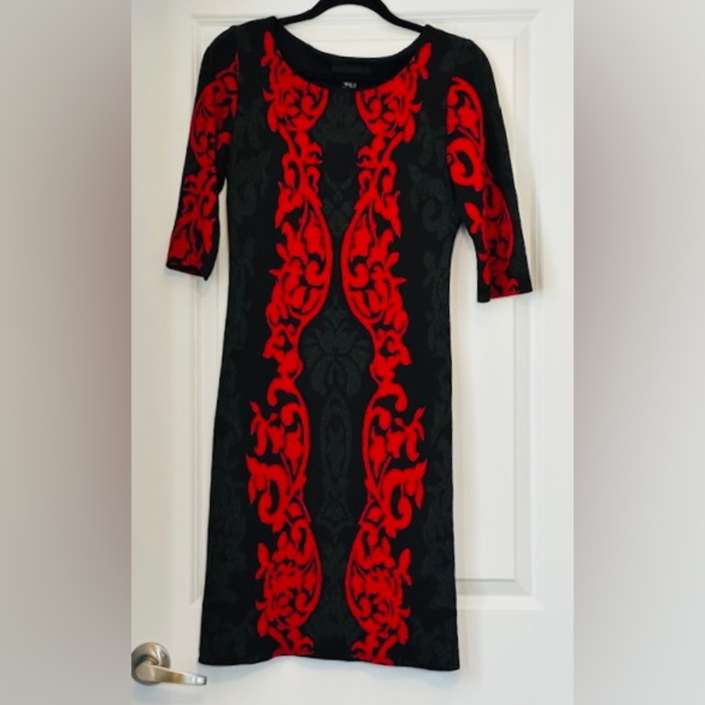 FRANK LYMAN Dress Beautiful Black Red Elbow Slve Zip Sz 8